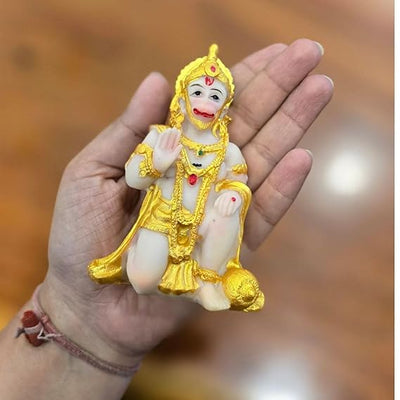 Handmade Lord Hanuman Ji idol in golden polyresin, perfect for altar decoration and invoking blessings.