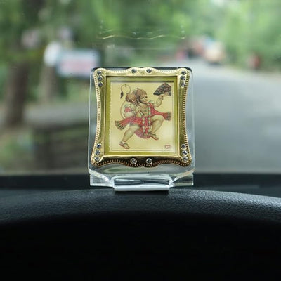 "Handmade acrylic statue of Lord Hanuman, symbolizing strength and protection, designed for car dashboards or home altars."