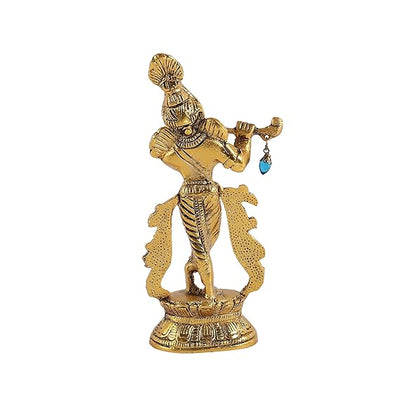 Handmade golden idol of Lord Krishna crafted in aluminum, showcasing intricate details, ideal for home altar or decor.