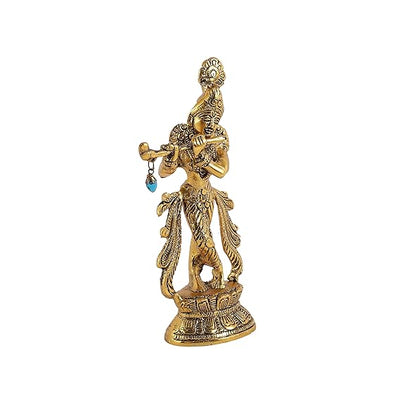 Handmade golden idol of Lord Krishna crafted in aluminum, showcasing intricate details, ideal for home altar or decor.