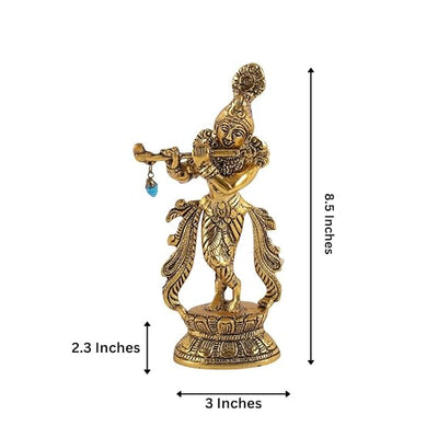 Handmade golden idol of Lord Krishna crafted in aluminum, showcasing intricate details, ideal for home altar or decor