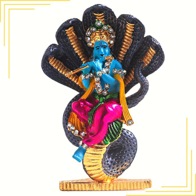 Handcrafted brass Lord Krishna idol, intricately detailed, ideal for car dashboards, home altars, or temples, symbolizing love and devotion.