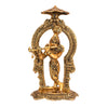 Handcrafted metal statue of Lord Krishna playing the flute, featuring a gold finish, symbolizing joy and devotion.