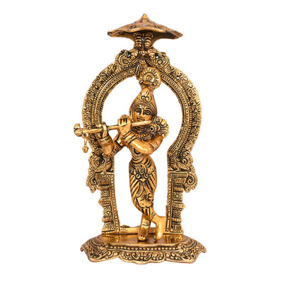 Handcrafted metal statue of Lord Krishna playing the flute, featuring a gold finish, symbolizing joy and devotion.