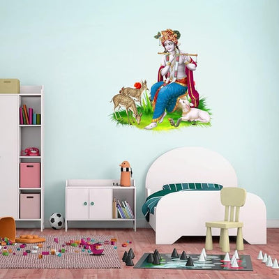 Lord Krishna wall sticker featuring the revered Hindu deity in vibrant colors, perfect for enhancing home decor with spirituality and elegance.