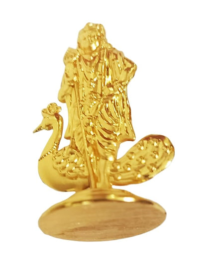 Handmade golden Lord Muruga idol with intricate details and double-sided design, ideal for home, office, or car dashboard decor.