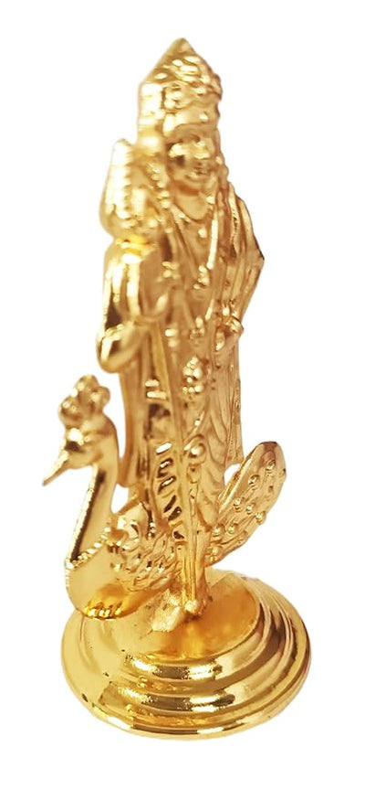 Handmade golden Lord Muruga idol with intricate details and double-sided design, ideal for home, office, or car dashboard decor.