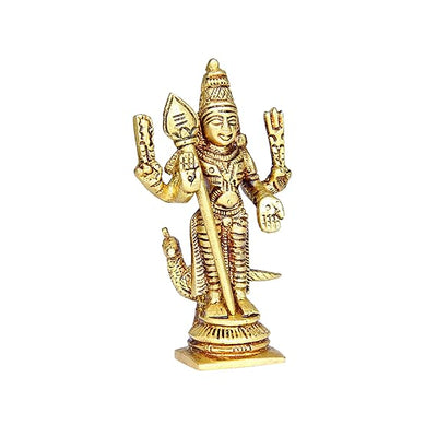 Handmade Lord Murugan mini idol in brass, featuring intricate details and an antique finish, ideal for home decor, offices, or puja rooms.