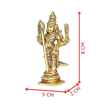 Handmade Lord Murugan mini idol in brass, featuring intricate details and an antique finish, ideal for home decor, offices, or puja rooms.