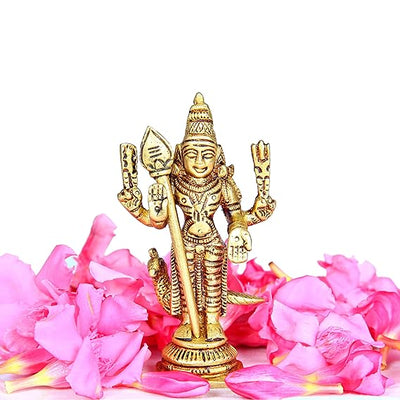 Handmade Lord Murugan mini idol in brass, featuring intricate details and an antique finish, ideal for home decor, offices, or puja rooms.