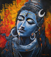 Vibrant acrylic painting of Lord Shiva, showcasing his meditative state with iconic symbols like the Third Eye, Crescent Moon, and Snake.