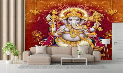 Vibrant Lord Ganesha wall sticker, measuring 121.9L x 0.3W x 91.4H cm, crafted from durable matte vinyl, ideal for adding spirituality to decor.