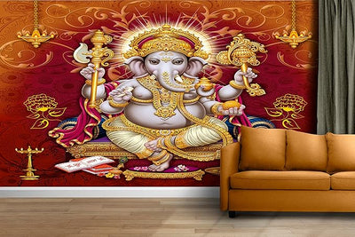 Vibrant Lord Ganesha wall sticker, measuring 121.9L x 0.3W x 91.4H cm, crafted from durable matte vinyl, ideal for adding spirituality to decor.