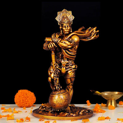 Handmade resin idol of Lord Hanuman in Bahubali form, intricately designed for spiritual spaces, symbolizing strength, protection, and devotion.