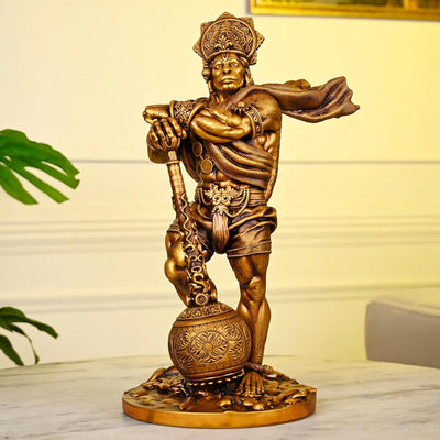 Handmade resin idol of Lord Hanuman in Bahubali form, intricately designed for spiritual spaces, symbolizing strength, protection, and devotion.