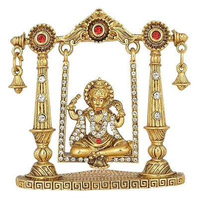 Handmade Lord Hanuman metal statue on a jhula, featuring intricate detailing and a portable design, ideal for spiritual decor.