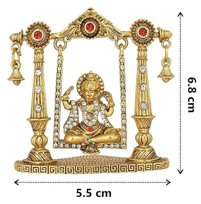 Handmade Lord Hanuman metal statue on a jhula, featuring intricate detailing and a portable design, ideal for spiritual decor.