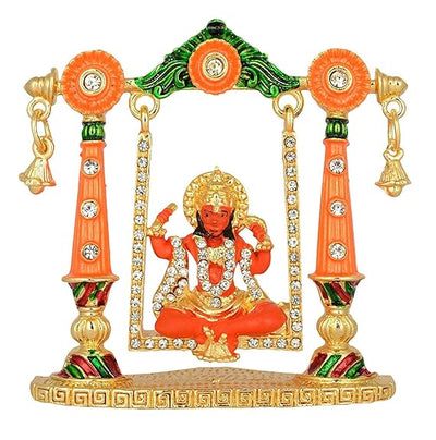 Handmade Lord Hanuman metal statue on a jhula, showcasing intricate detailing and a portable design for spiritual spaces.