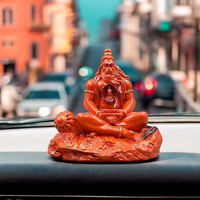 Handmade resin idol of Lord Hanuman Ji, featuring intricate design with Lord Ram Ji enshrined, perfect for car dashboards or home altars.
