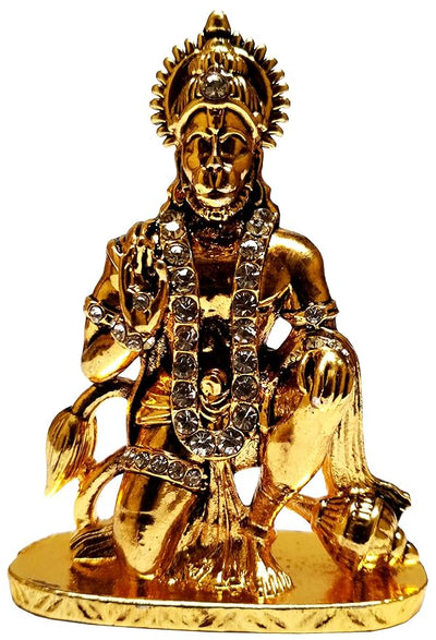Handcrafted Lord Hanuman Ji metal idol in golden finish with intricate details, perfect for home altars or car dashboards.