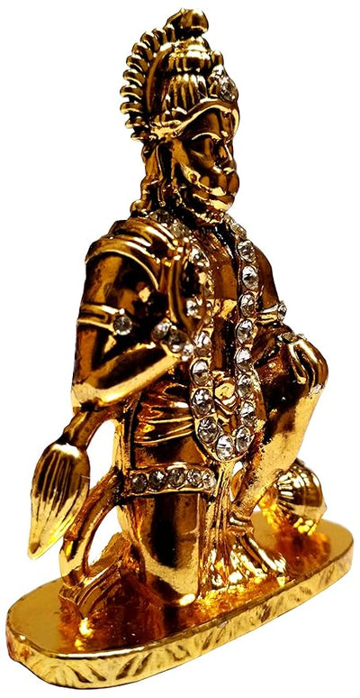 Handcrafted Lord Hanuman Ji metal idol in golden finish with intricate details, perfect for home altars or car dashboards.