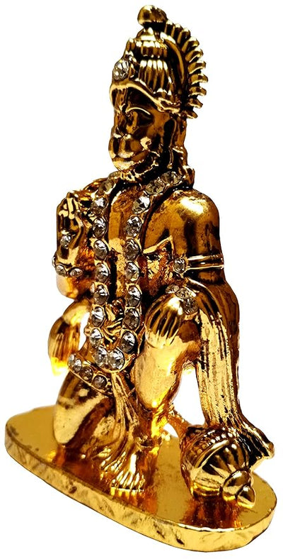 Handcrafted Lord Hanuman Ji metal idol in golden finish with intricate details, perfect for home altars or car dashboards.