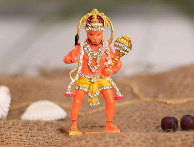 Handmade metal idol of Lord Hanuman, designed for car dashboards or home altars, symbolizing strength, protection, and devotion.