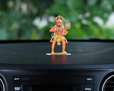 Handmade metal idol of Lord Hanuman, designed for car dashboards or home altars, symbolizing strength, protection, and devotion.