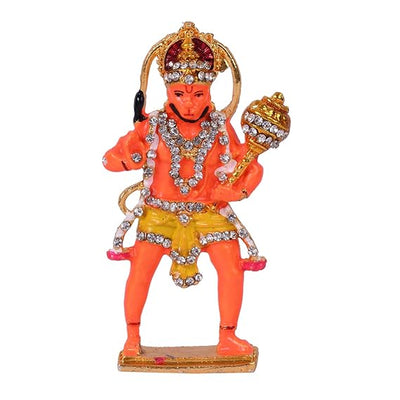 Handmade metal idol of Lord Hanuman, designed for car dashboards or home altars, symbolizing strength, protection, and devotion.