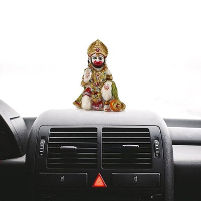 Handmade poly marble idol of Lord Hanuman, intricately designed for car dashboards or home altars, symbolizing strength, protection, and devotion.