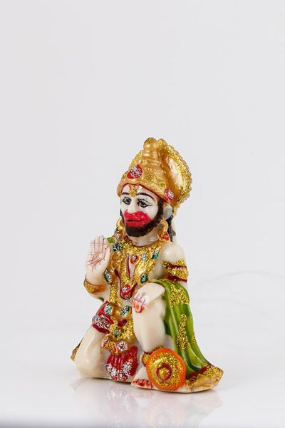 Handmade poly marble idol of Lord Hanuman, intricately designed for car dashboards or home altars, symbolizing strength, protection, and devotion.