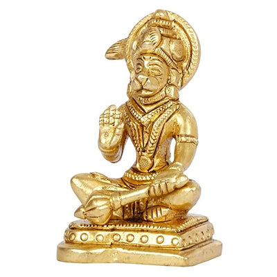 Handcrafted brass idol of Lord Hanumanji, featuring intricate details and a glossy gold finish, ideal for spiritual spaces and altars.