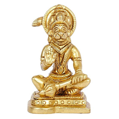 Handcrafted brass idol of Lord Hanumanji, featuring intricate details and a glossy gold finish, ideal for spiritual spaces and altars.