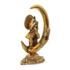 Handcrafted golden metal Lord Krishna idol, depicting him playing the flute on a half moon, showcasing intricate details and elegance.