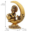 Handcrafted golden metal Lord Krishna idol, depicting him playing the flute on a half moon, showcasing intricate details and elegance.
