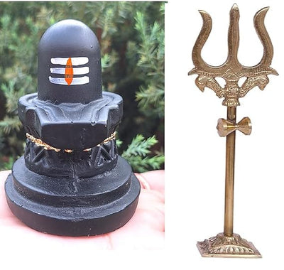 Handmade Lord Shiva Shivling with brass Damru and Trishul, crafted from resin. A sacred combo symbolizing Hindu deities and spirituality