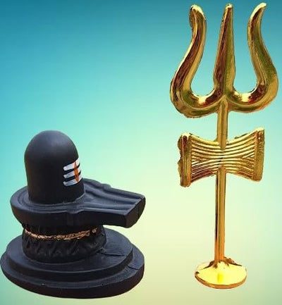 Handmade Lord Shiva Shivling with brass Damru and Trishul, crafted from resin. A sacred combo symbolizing Hindu deities and spirituality