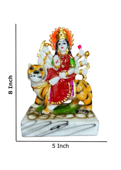 Handmade Maa Durga idol sculpture seated on a tiger, crafted from high-quality resin with vibrant colors, ideal for worship and home decor