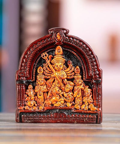 A beautifully crafted terracotta idol of Maa Durga with a traditional chatri design, showcasing intricate details, ideal for home decor