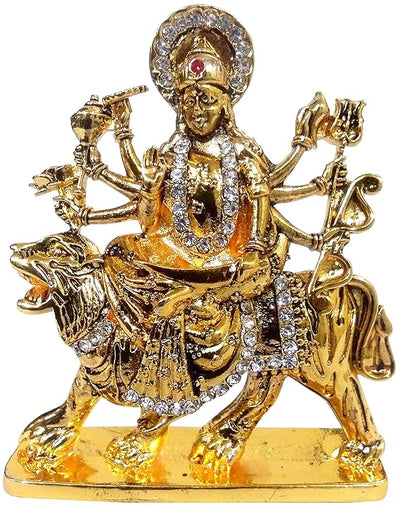 Metal statue of Maa Durga with a golden finish and gemstone accents, ideal for home decor, altars, or gifting