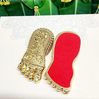 Handmade gold plated Maa Lakshmi Charan Paduka with intricate antique finish, ideal for altar decoration and worship