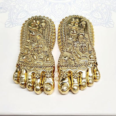 Handmade gold plated Maa Lakshmi Charan Paduka with intricate antique finish, ideal for altar decoration and worship