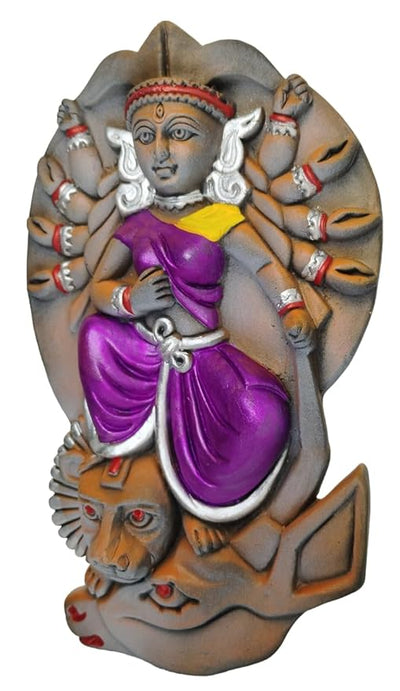 Handcrafted medium terracotta wall hanging of Maa Durga, featuring intricate details and earthy tones, symbolizing strength and divine energy.