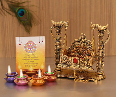 Handmade metal Ganesha idol for pooja room or altar, featuring intricate detailing. Dimensions: 16.5L x 16.5W x 8.9H cm, 500 grams.