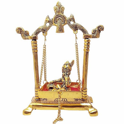 Handcrafted metal Krishna Jhula featuring child Krishna on a swing, measuring 13.5 x 19.5 x 6.5 cm. Ideal for home altar or decor.