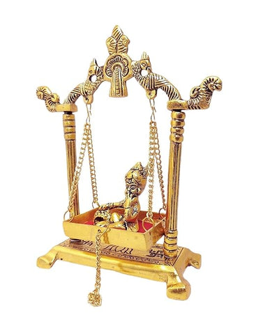 Handcrafted metal Krishna Jhula featuring child Krishna on a swing, measuring 13.5 x 19.5 x 6.5 cm. Ideal for home altar or decor.