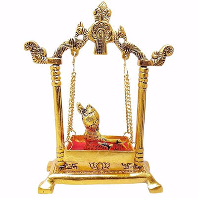 Handcrafted metal Krishna Jhula featuring child Krishna on a swing, measuring 13.5 x 19.5 x 6.5 cm. Ideal for home altar or decor.