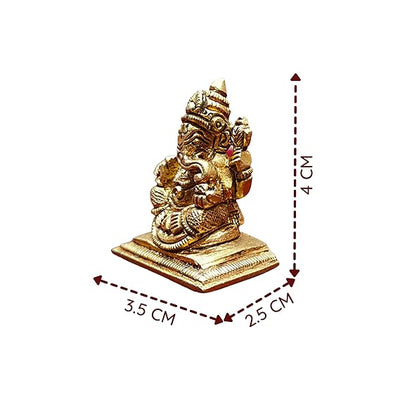 Handcrafted mini brass Ganesha idol for car dashboard, measuring 4 cm in height, 3.5 cm in length, and 2.5 cm in width, symbolizing blessings."