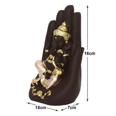 Handcrafted Palm Ganesha idol in polyresin, featuring a unique palm-resting pose, symbolizing wisdom and prosperity, ideal for home decor.