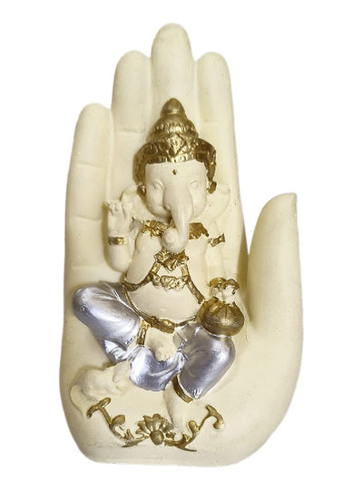 Handcrafted Palm Ganesha idol in polyresin, featuring a tranquil design perched on a palm, symbolizing wisdom and harmony for home decor.
